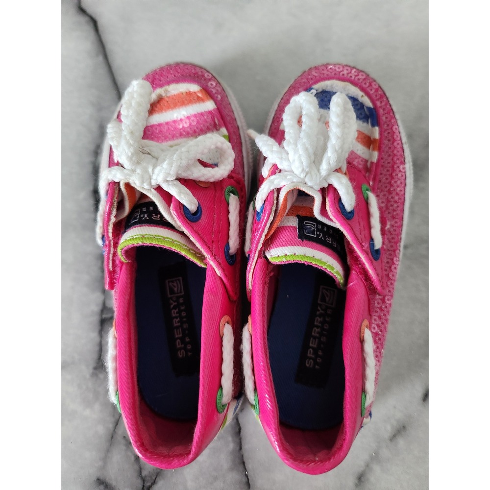 Sperry Kids Bahama Jr Pink Stripe Sequin Boat Shoes Sz 6.5